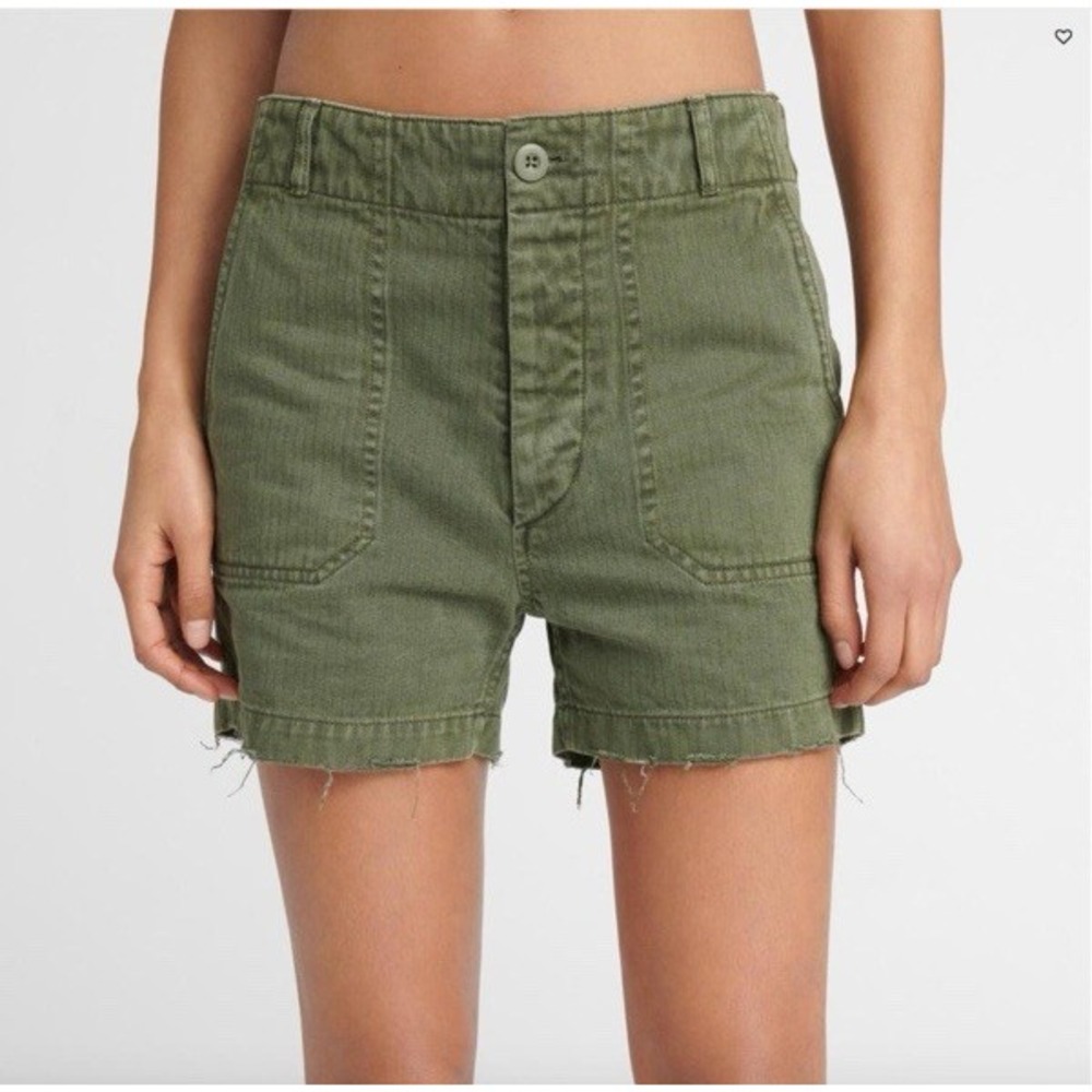RE/DONE Womens 50s Miltary Shorts in Green Size 25 Button Fly Distressed Hem